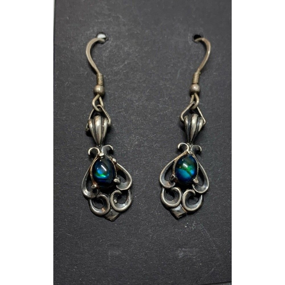 Vintage Victorian Style Sterling Silver Green Abalone Earrings Dangle Western